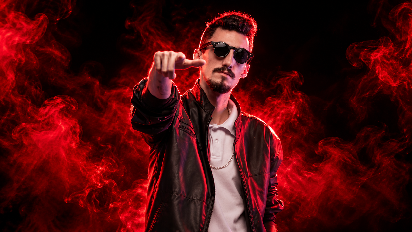 DJ Alan de óculos escuros, com fumaça vermelha ao fundo